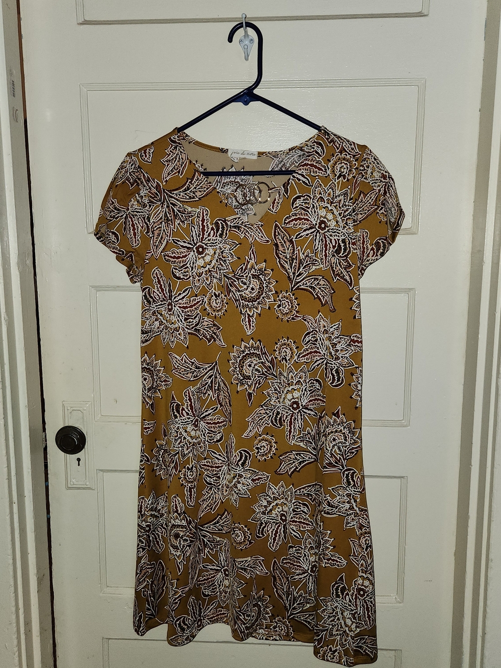 JOIE De VIVRE Floral Mustard Short Sleeve Dress Jeweled